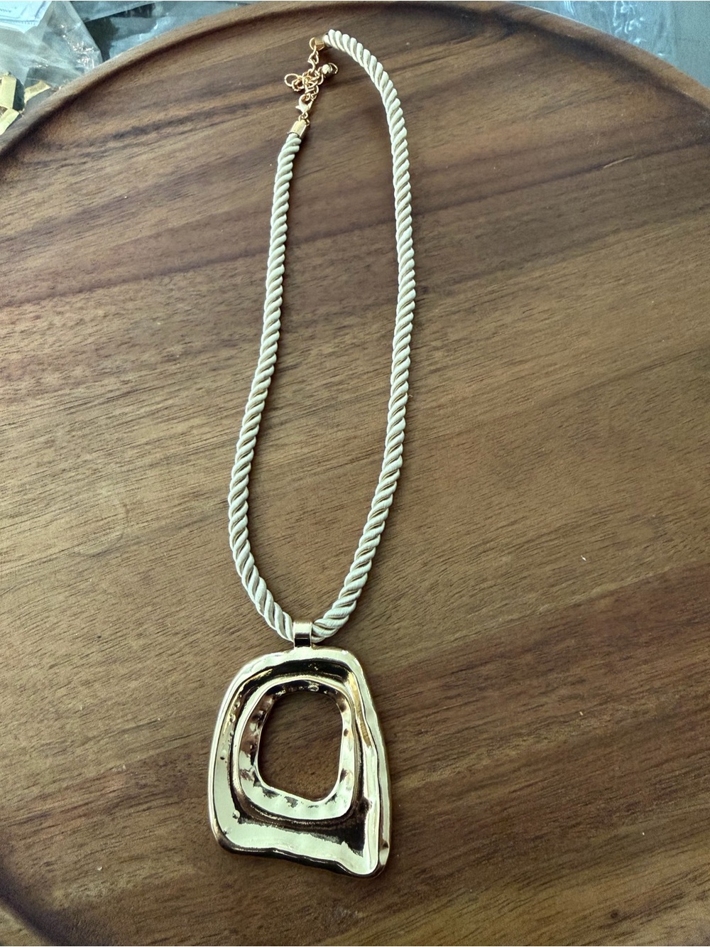 Gold Pendant Statement Necklace with Cream Rope Chain